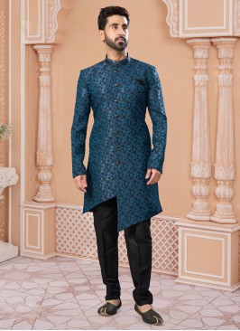 Thread Embroidered Stylish Rama Blue Indowestern Set