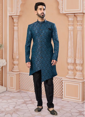 Thread Embroidered Stylish Rama Blue Indowestern Set