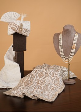 Thread Embroidered White Turban, Dupatta And Mala