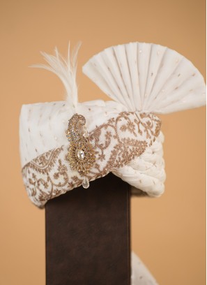 Thread Embroidered White Turban For Groom