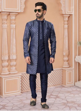 Thread Embroidery Dark Navy Blue Jacket Style Indowestern Set