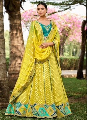 Yellow Green Designer Silk Embroidered Lehenga Choli