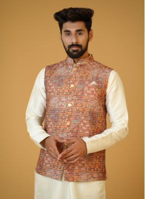 Thread Work Peach Silk Nehru Jacket