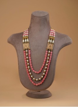 Three Layered Golden And Coral Pearl Mala