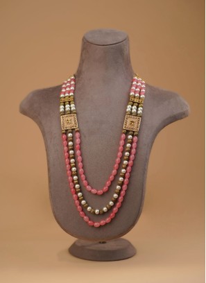 Three Layered Golden And Coral Pearl Mala