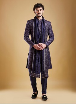 Timeless Charm Silk Navy Blue Embroidered Sherwani