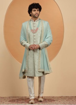 Timeless Charm Sky Blue Embroidered Sherwani Set