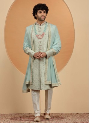 Timeless Charm Sky Blue Embroidered Sherwani Set