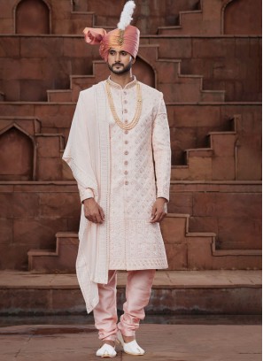 Timeless Peach Art Silk Embroidered Sherwani With Dupatta