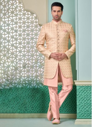 Timeless Pink And Cream Jacket Style Indowestern Set For Men