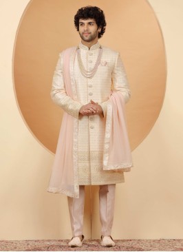 Timeless Pink Brocade Silk Embroidered Sherwani With Dupatta