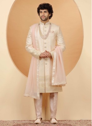 Timeless Pink Brocade Silk Embroidered Sherwani With Dupatta