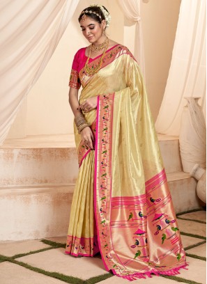 Silk Cream Weaving Contemporary Paithani Saree