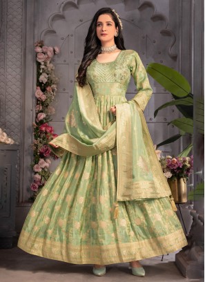 Tissue Fabric Pista Green Trendy Anarkali With Dupatta