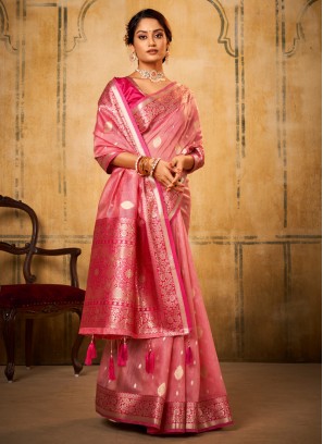 Tissue Fabric Saree In Pink Color With Unstitched Blouse