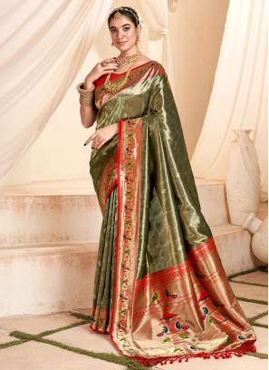 Stunning Olive Green Silk Contemporary Paithani Saree