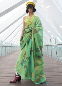 Tissue Silk Pista Green Weaving Contemporary Saree