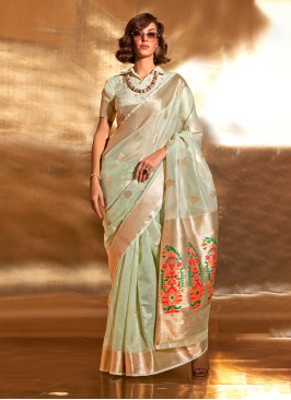 Pista Green Festive Woven Tissue Saree