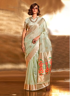 Pista Green Festive Woven Tissue Saree