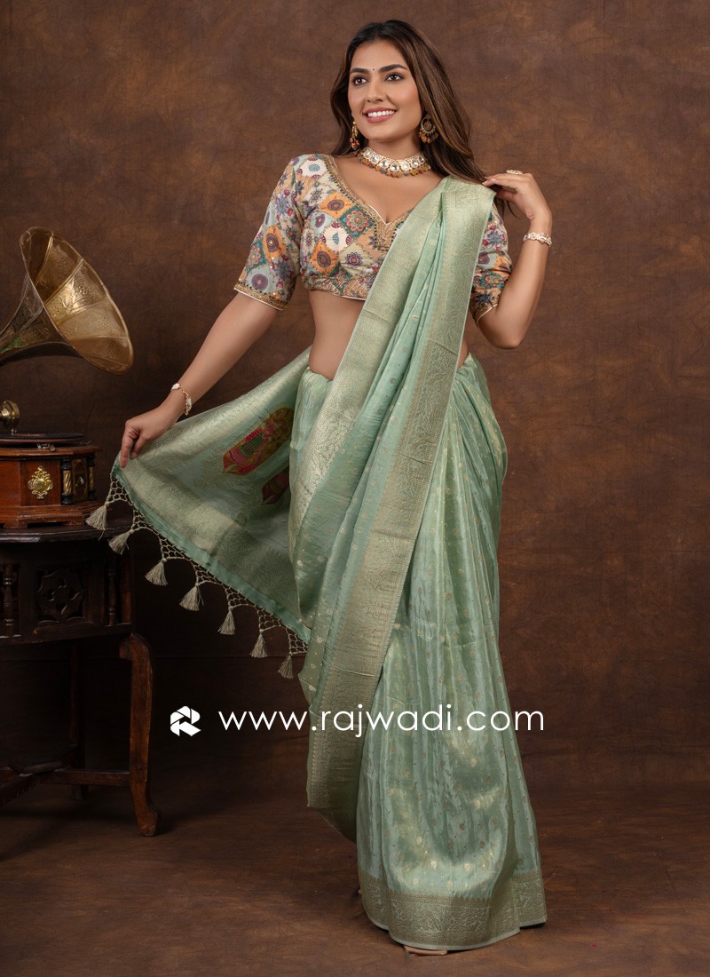 Tissue Silk Pista Green Saree With Readymade Choli