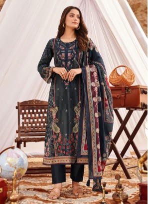 Navy Blue Digital Print Dress Material With Dupatta