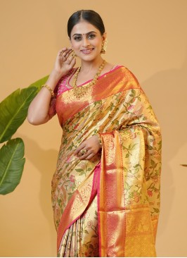 Traditional Golden And Rani Kanjivaram Silk Saree