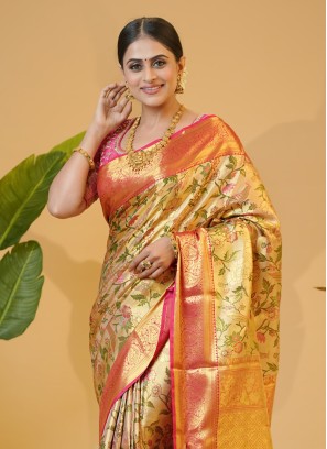 Traditional Golden And Rani Kanjivaram Silk Saree