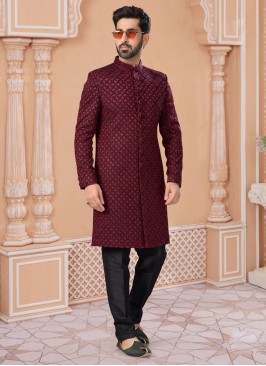 Traditional Maroon Embroidered Jacquard Silk Indowestern Set