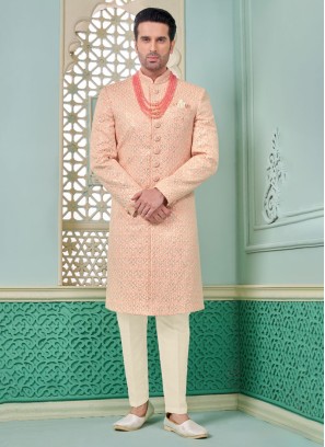 Traditional Peach Thread Embroidered Silk Indowestern Set