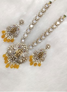 Traditional Radha Krishna Motif Mustard Yellow Long Necklace Set