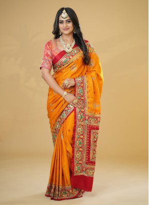 Traditional Wear Pure Gajji Silk Gharchola Saree In Mustard Yellow