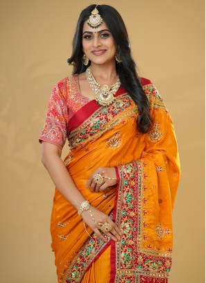 Traditional Wear Pure Gajji Silk Gharchola Saree In Mustard Yellow