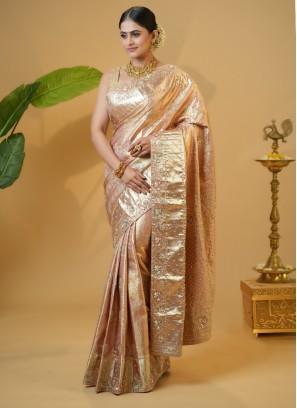 Traditional Zardosi Embroidered Peach Kanjivaram Silk Saree