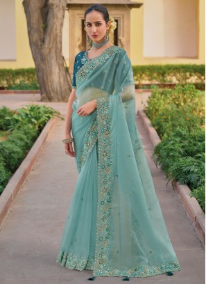 Aqua Blue Embroidered Chiffon Silk Classic Saree