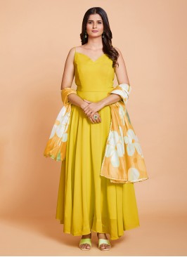 Yellow Georgette Anarkali Dress With Floral Dupatta