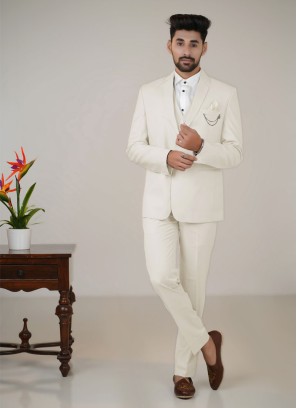 Trendy Off White Imported Fabric Tuxedo Suit