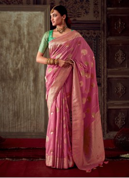 Trendy Onion Pink Banarasi Crepe Designer Saree