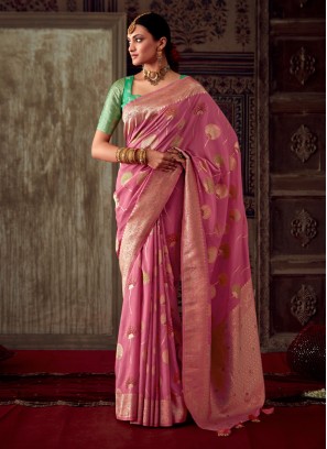 Trendy Onion Pink Banarasi Crepe Designer Saree