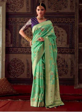 Pista Green Banarasi Crepe Designer Saree
