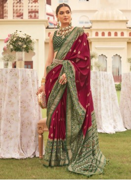 Maroon & Green Patola Print Silk Ethnic Saree