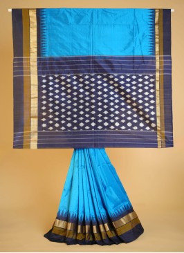 Turquoise and Navy Blue Pure Silk Patola Saree