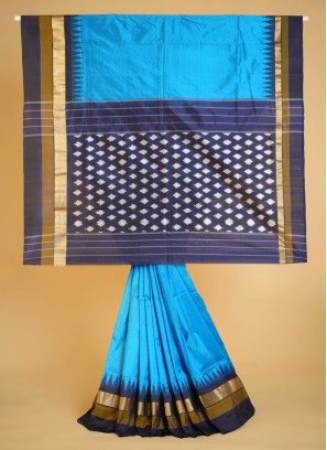 Turquoise and Navy Blue Pure Silk Patola Saree