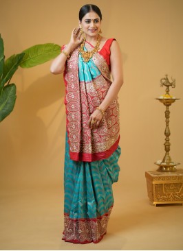 Turquoise And Red Zardosi Embroidered Saree In Banarasi Silk