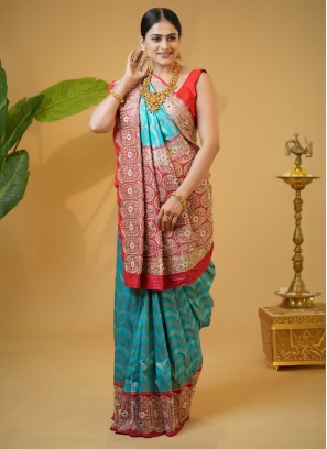 Turquoise And Red Zardosi Embroidered Saree In Banarasi Silk