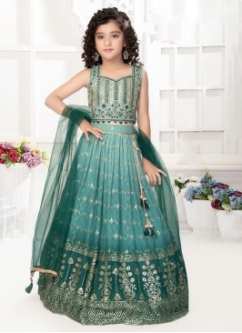 Turquoise Embroidered Chiffon Lehenga Choli Set