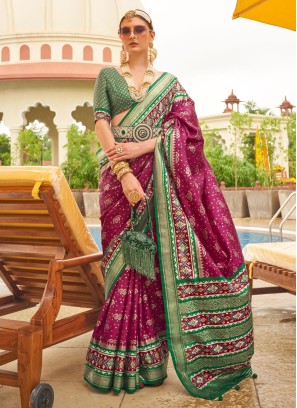 Two-tone Purple Silk Patola Print Contemporary Saree