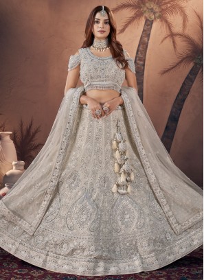 Designer Thread Embroidered Off White Lehenga Choli With Dupatta