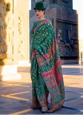 Green Color Pashmina Silk Saree With Weaving Work