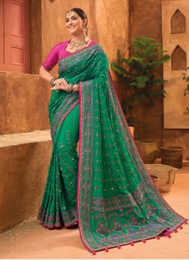 Green Kachhi Embroidered Silk Saree