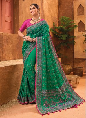 Green Kachhi Embroidered Silk Saree